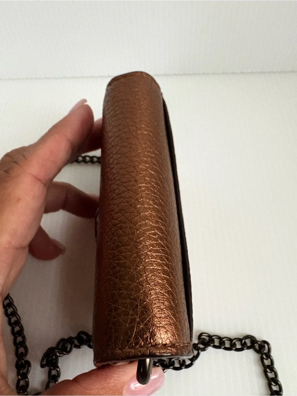 Coach Half Flap card Case Crossbody Bag Pewter Metallic Bronze Chain Strap NWOT
